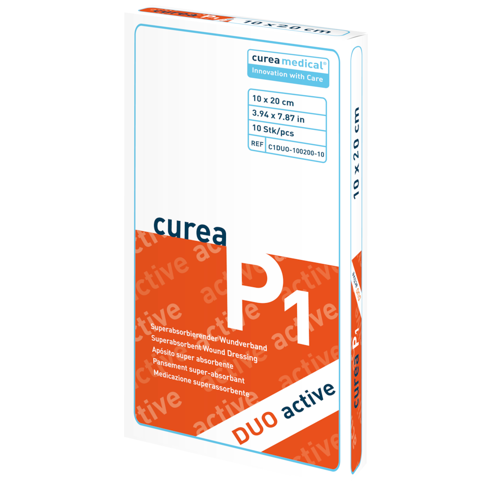 Superabsorberende bandage, Curea P1 DUO Active, 20x10cm, hvid, med aktivt kul, uden klæber, steril