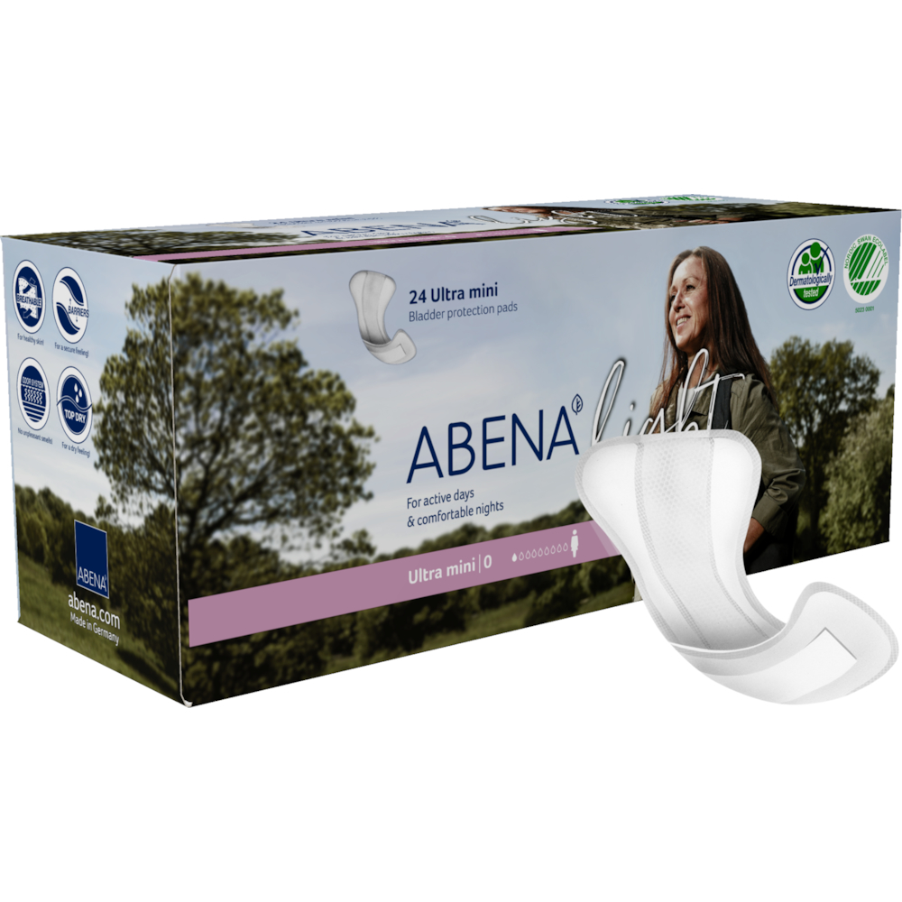 Åben ble, ABENA Light, Ultra Mini 0, hvid, rosa farvekode, med silikonepapir, Premium