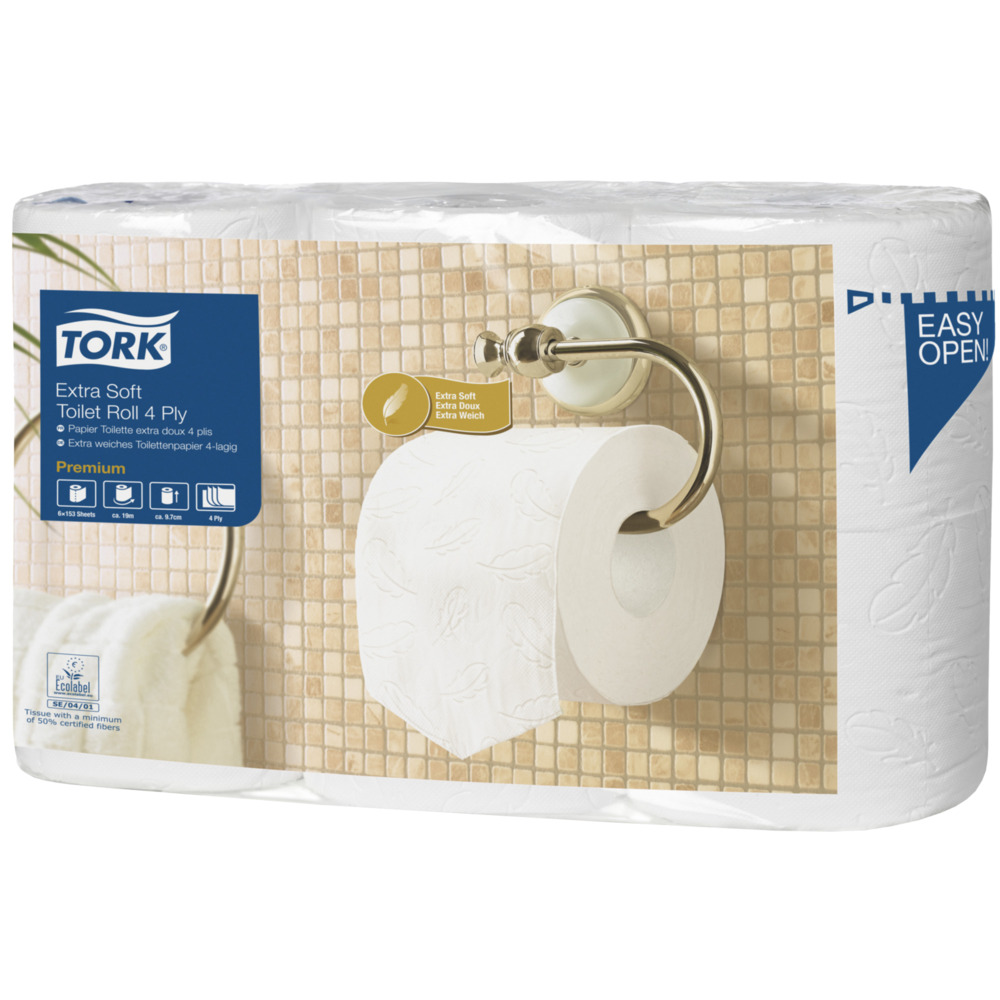 Toiletpapir, Tork T4 Premium, 4-lags, 18,8m x 12,5cm, Ø11,7cm, hvid, 100% nyfiber