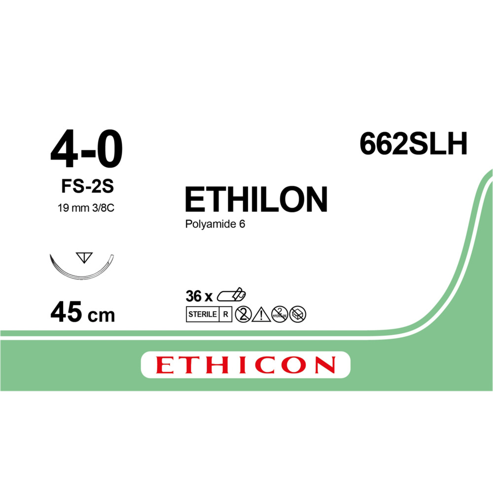 Sutur, Ethilon II, 45cm, sort, PA, (nylon), 4-0, FS-2 nål, monofil, 662SLH