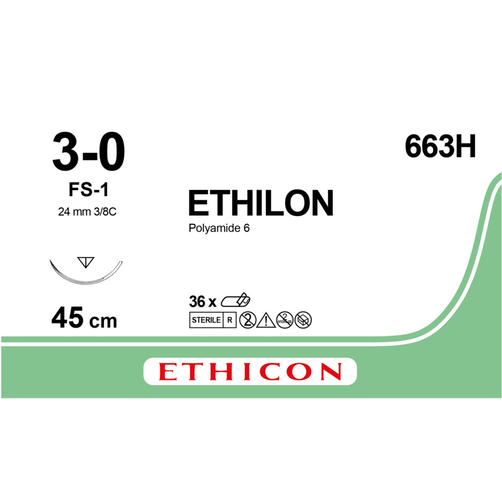 Sutur, Ethilon II, 45cm, sort, PA, 3-0, FS-1 nål, monofil, 663H