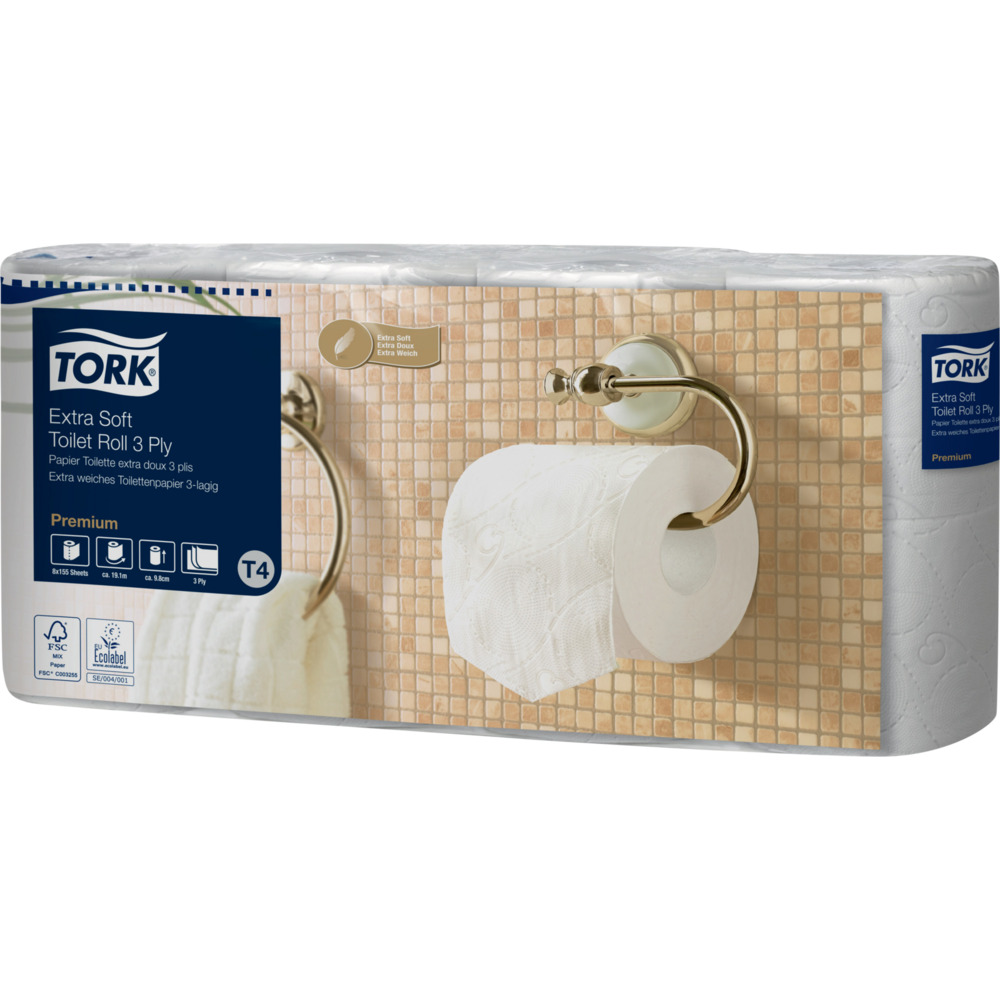 Toiletpapir, Tork T4 Premium, 3-lags, 19,1m x 9,8cm, hvid, blandingsfibre