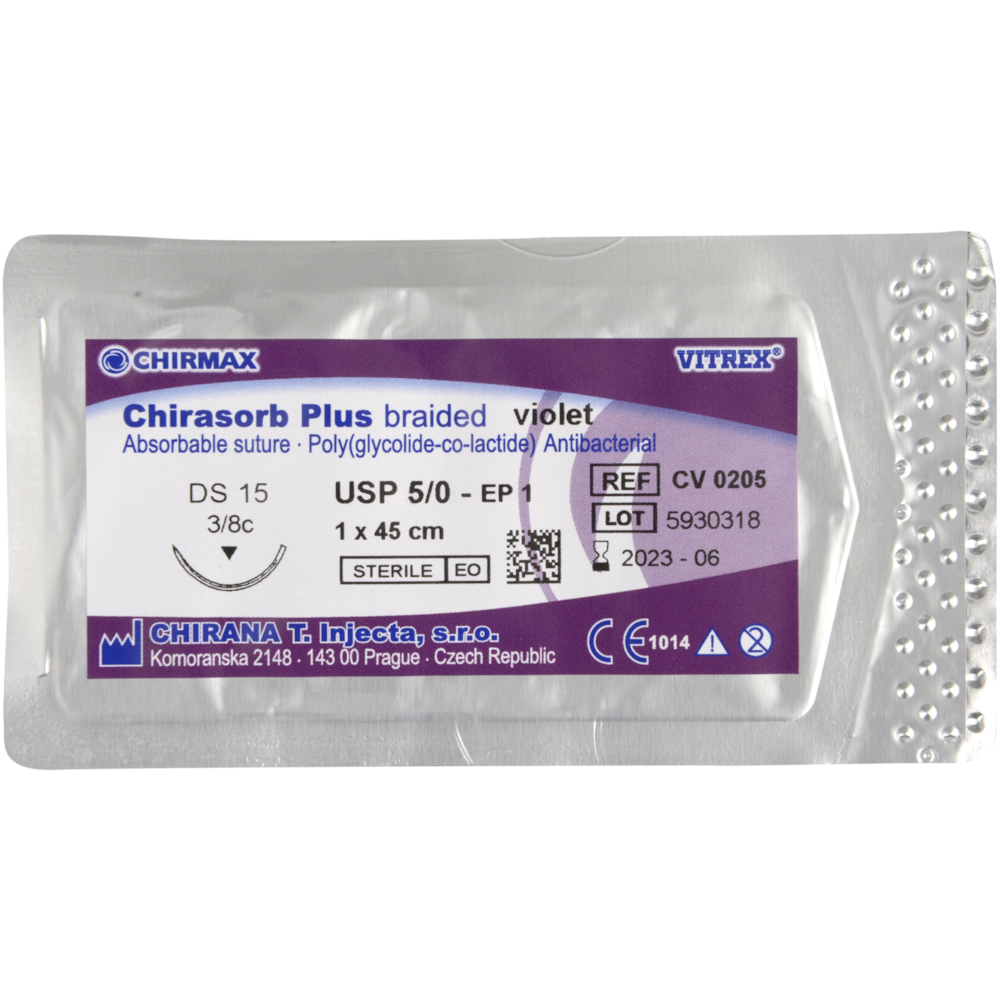 Sutur, Chirasorb Plus, 45cm, violet, 5/0, DS-15 nål (FS-3), antibakteriel, resorberbar, steril