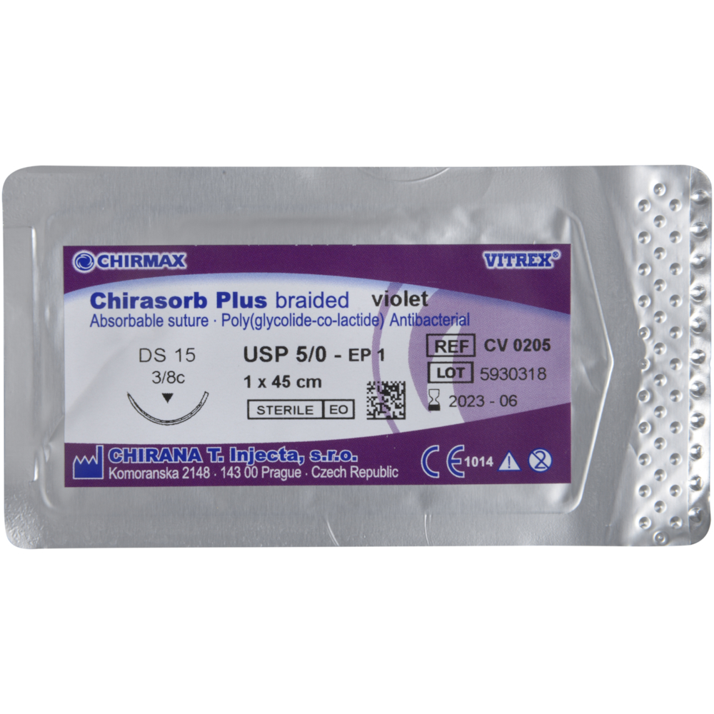 Sutur, Chirasorb Plus, 45cm, violet, 5/0, DS-15 nål (FS-3), antibakteriel, resorberbar, steril
