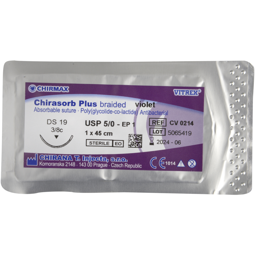 Sutur, Chirasorb Plus, 45cm, violet, 5/0, DS-19 nål (FS-2), antibakteriel, resorberbar, steril