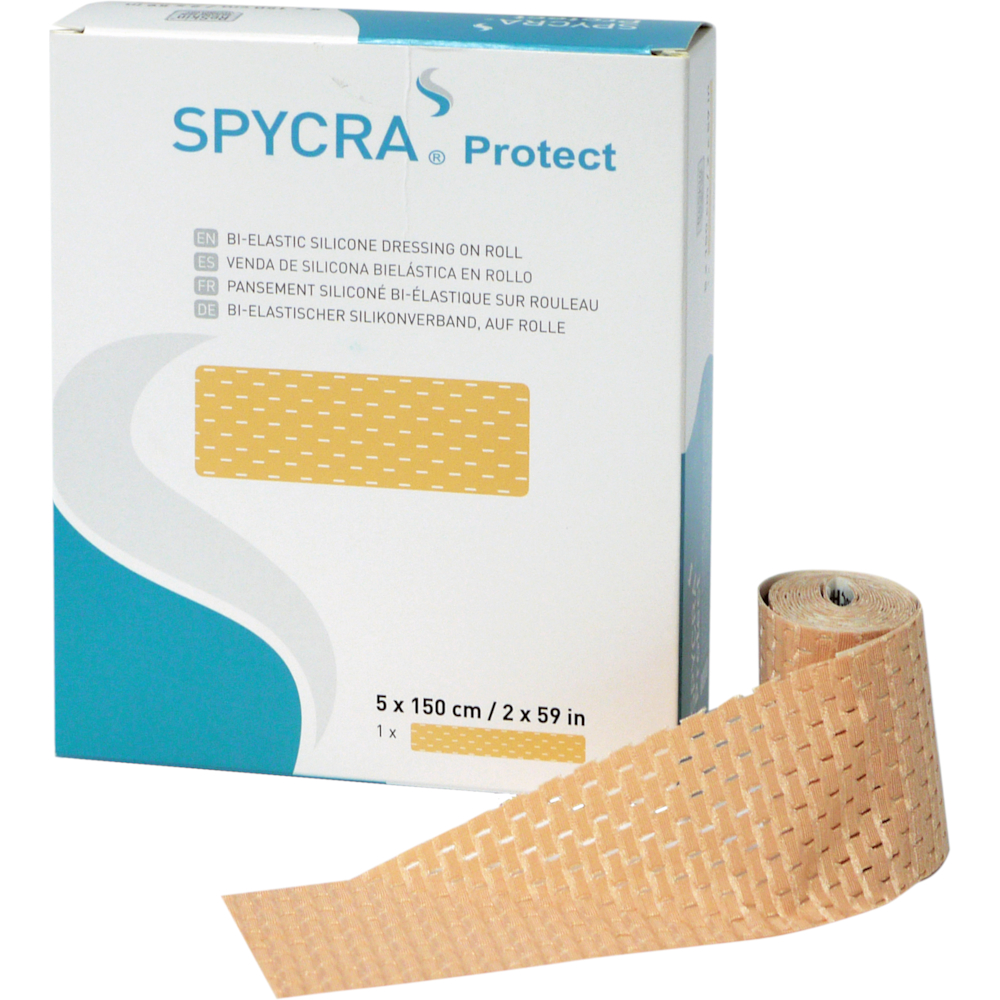 Forbinding, Spycra Protect, 5x150cm, beige, bi-elastisk, rulle, m/silikoneklæb, enkeltpakket, steril, engangs