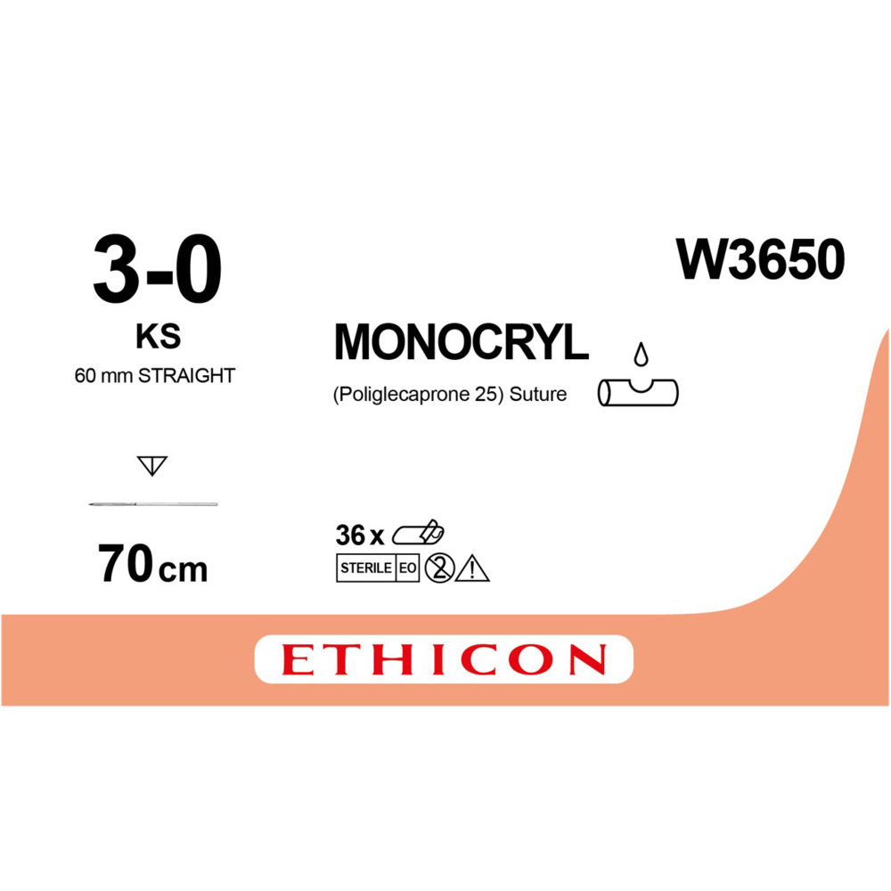 Sutur, Monocryl, 70cm, 3-0, KS-nål, monofil, resorberbar, W3650