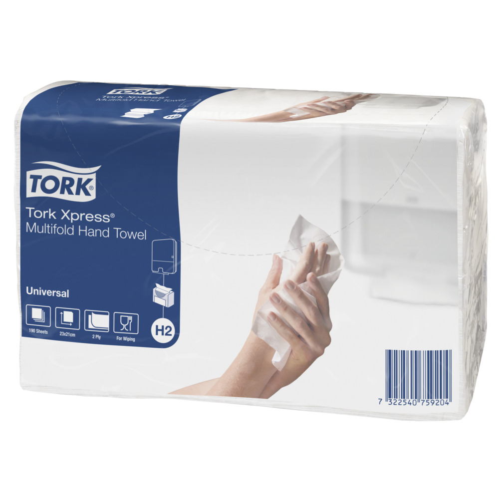 Håndklædeark, Tork H2 Universal, 2-lags, Z-fold, 23,4x21,3cm, 7,8 cm, hvid, blandingsfibre