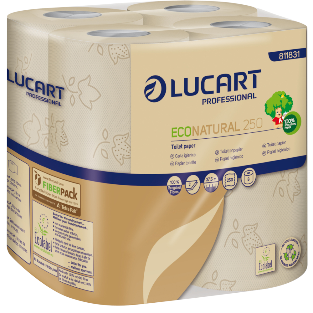 Toiletpapir, Lucart T3 Natural, 2-lags, 27,5m x 9,6cm, Ø10,3cm, natur, 100% genbrugspapir