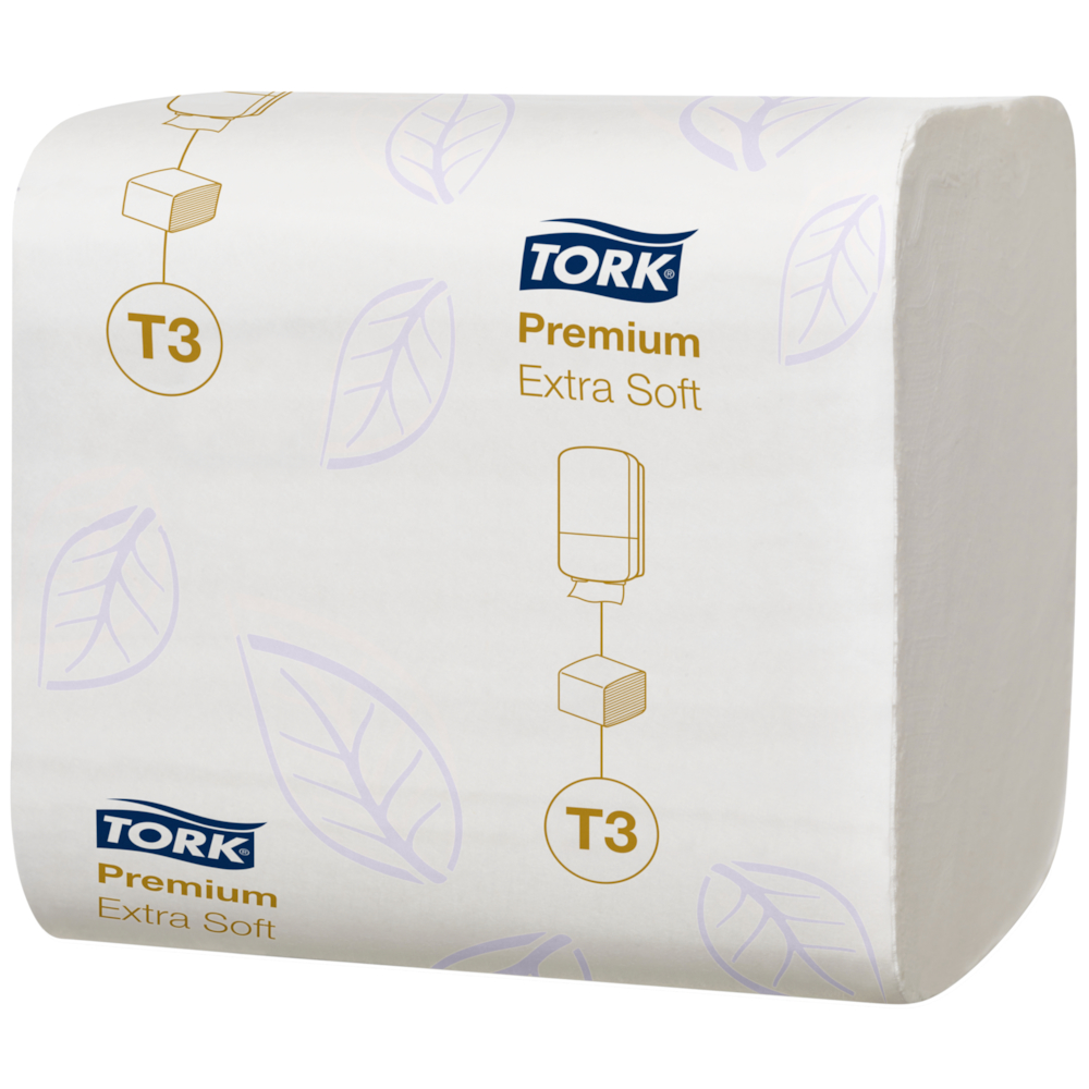 Toiletpapir i ark, Tork T3 Premium, 2-lags, 19x11cm, hvid, 100% nyfiber