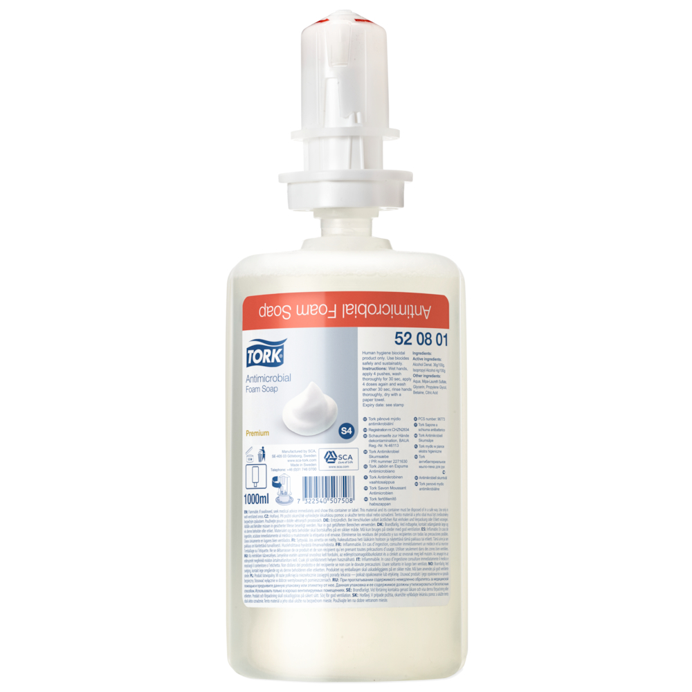 Antimikrobiel skumsæbe, Tork S4 Premium, 1000 ml, uden farve og parfume,0,6 ml pr. dosering