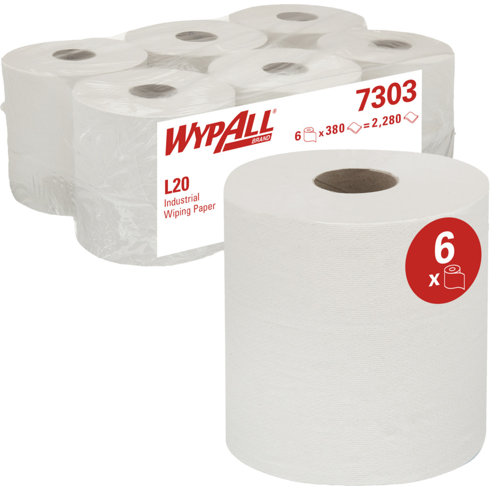 Håndklæderulle, Kimberly-Clark Wypall L30, 2-lags, Midi, 127,5m x 18,5cm, hvid, 100% genbrugspapir, med spiralhylse