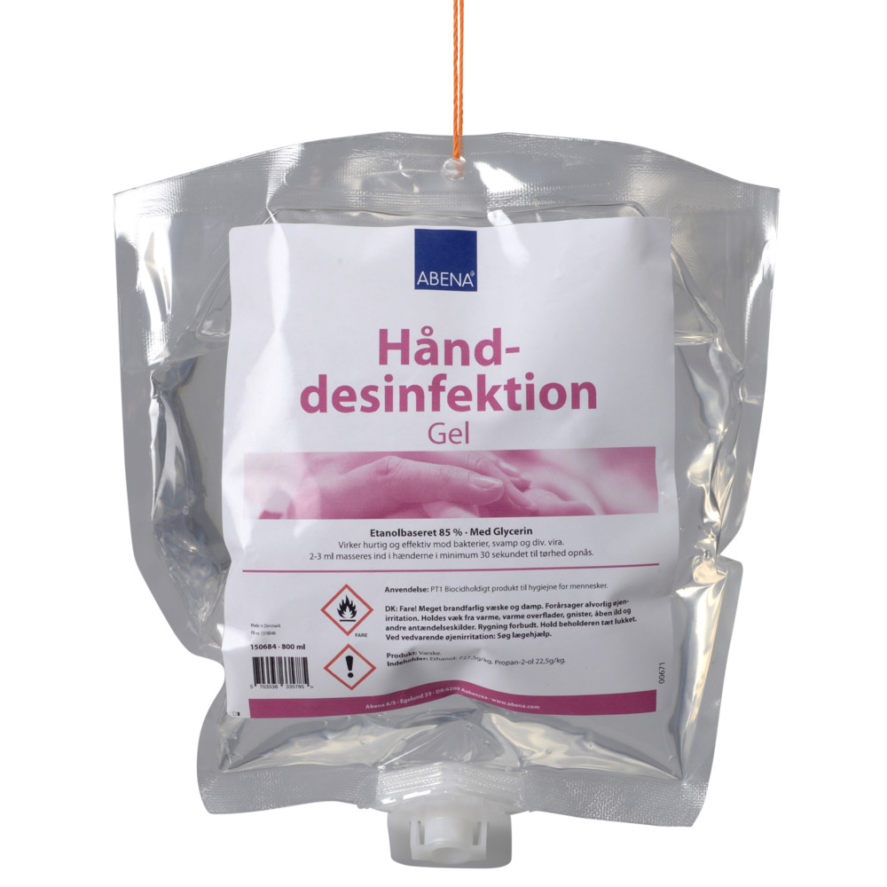 Hånddesinfektion gel, ABENA, 800 ml, 85% ethanol, pose refill, til dispenser