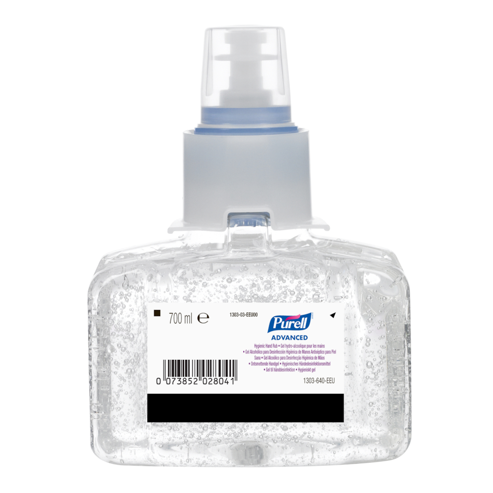 Hånddesinfektionsgel, Purell, 8,8x12x18cm, 700 ml, 70% ethanol, refill til dispenser,1,2 ml pr. dosering