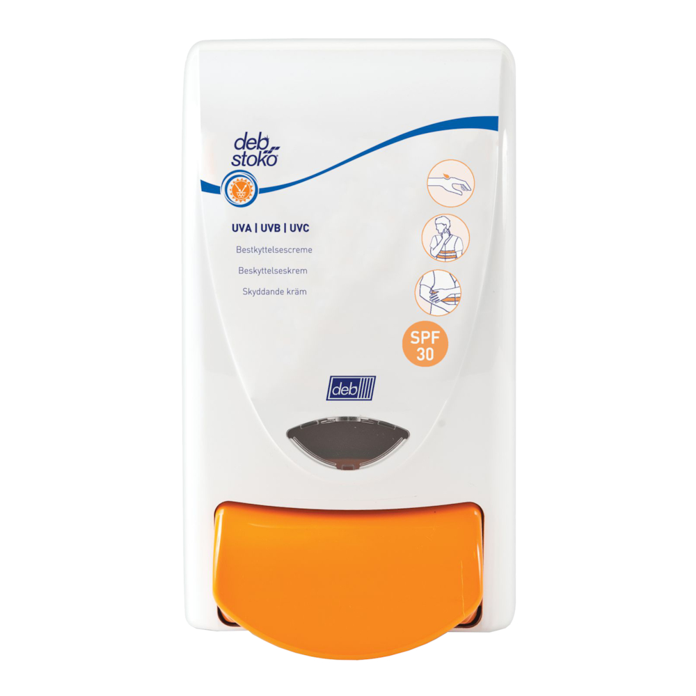 Dispenser, SCJ Professional Sun Protect, 1000 ml, hvid, plast, manuel, med orange knap,1,0 ml pr. dosering