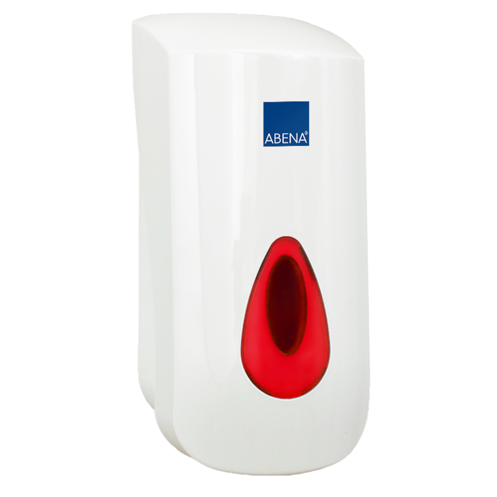 Dispenser til hånddesinfektionsskum, ABENA Modular, 800 ml, hvid, manuel, til poserefill, med rød skueglas, 0,6 ml pr. dosering