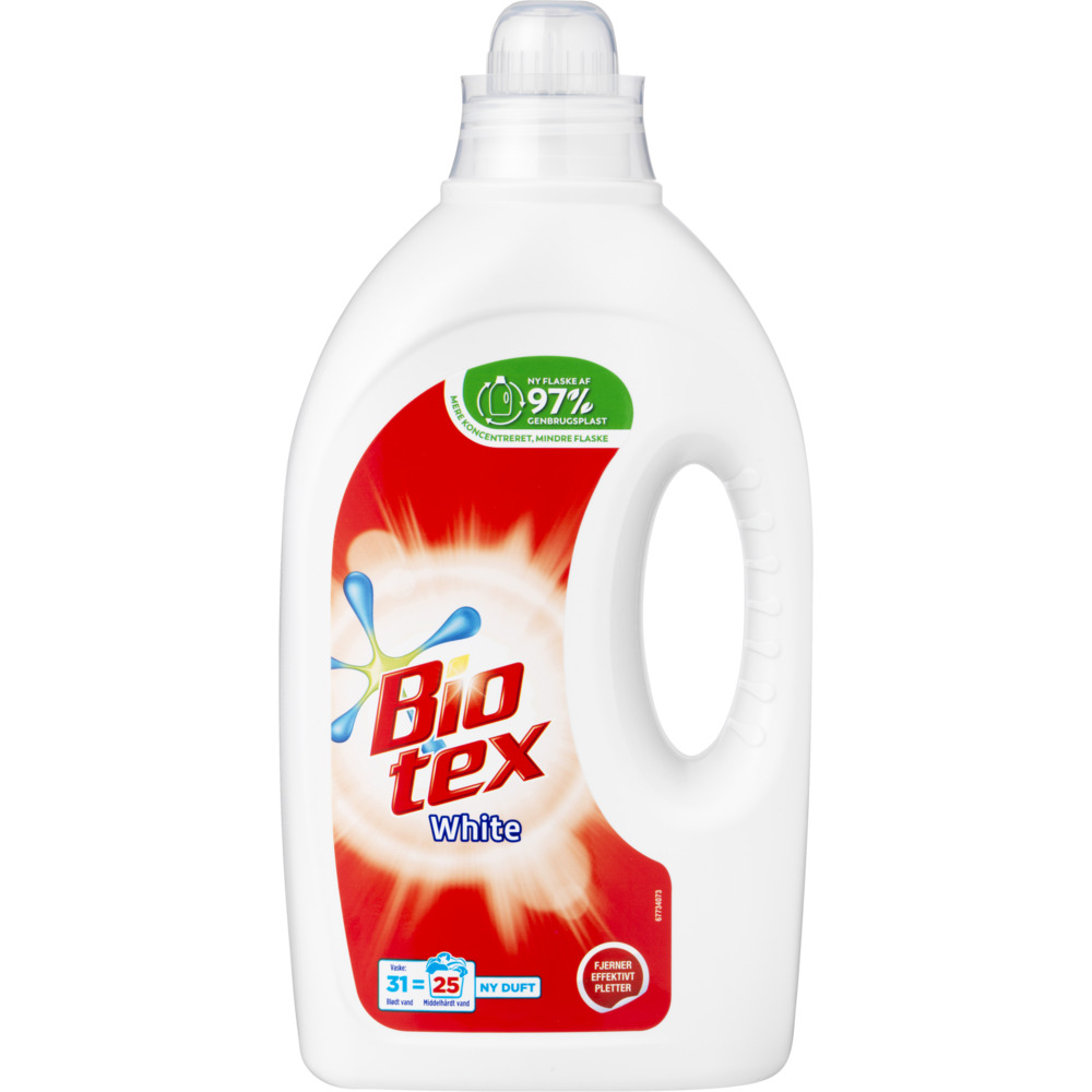 Tøjvask, Bio-tex White, 1,25 l, flydende, hvidt, med farve og parfume