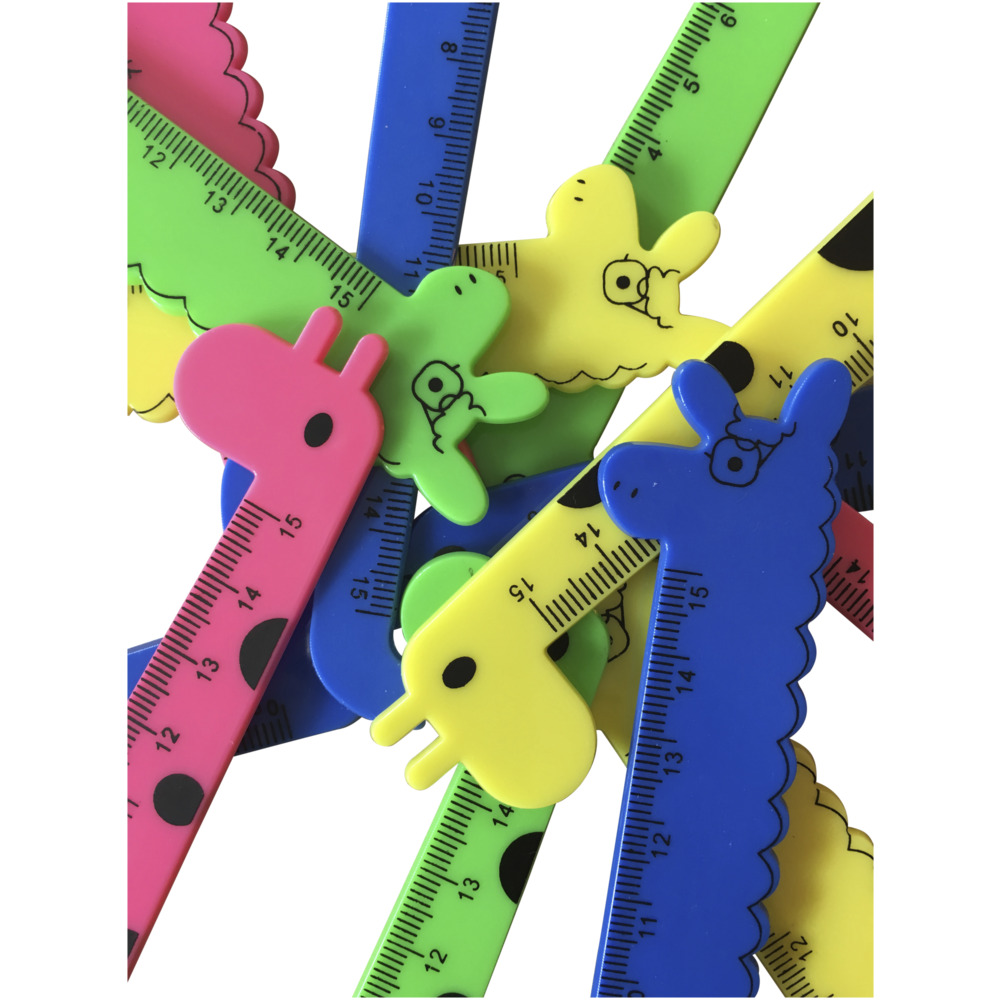 Legetøj, lineal Laura, dyreform, grøn, blå, gul og pink