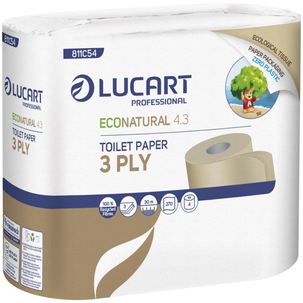 Toiletpapir, Lucart T3 Natural, 3-lags, 30m x 9,6cm, Ø12,5cm, natur, 100% genbrugspapir, paper pack