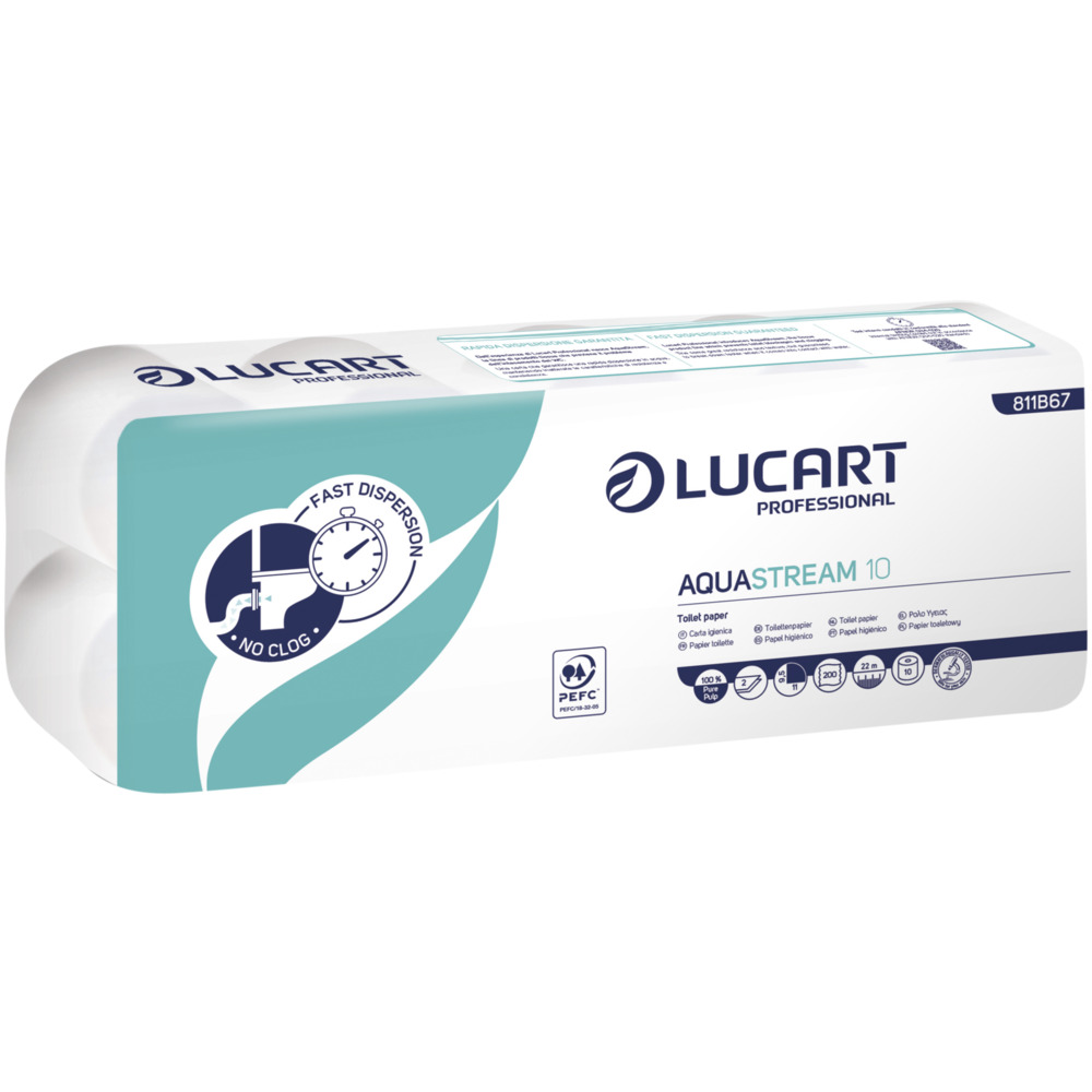 Toiletpapir, Lucart Aquastream, 2-lags, 22m x 9,5cm, hvid, 100% nyfiber