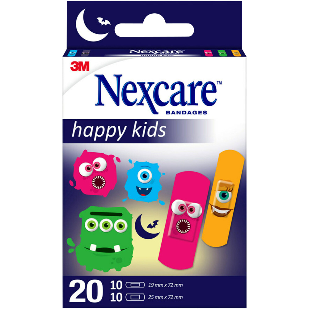 Børneplaster, Nexcare Happy Kids, monstre, 2 størrelser, assorteret, hypoallergent