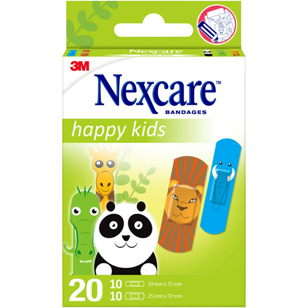Børneplaster, Nexcare Happy Kids, dyr, 2 størrelser, assorteret, hypoallergent