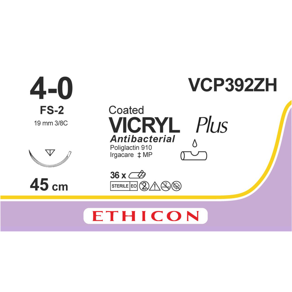 Sutur, Vicryl Plus, 45cm, violet, 4-0, FS-2 nål, steril, VCP392ZH