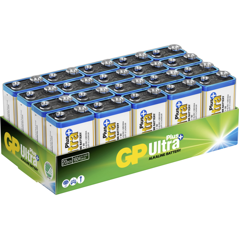 Batteri, GP Ultra Plus, 25,5x16,5x47,5mm, Alkaline, 9V, 20-pak