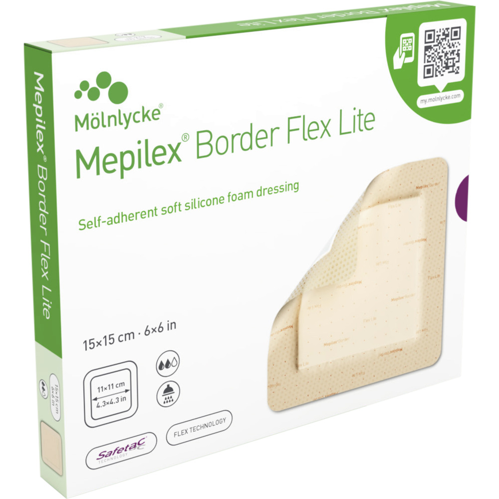 Skumbandage, Mepilex Border Flex Lite, 15x15cm, m/silikonekontaktlag og silikoneklæb, latexfri, steril