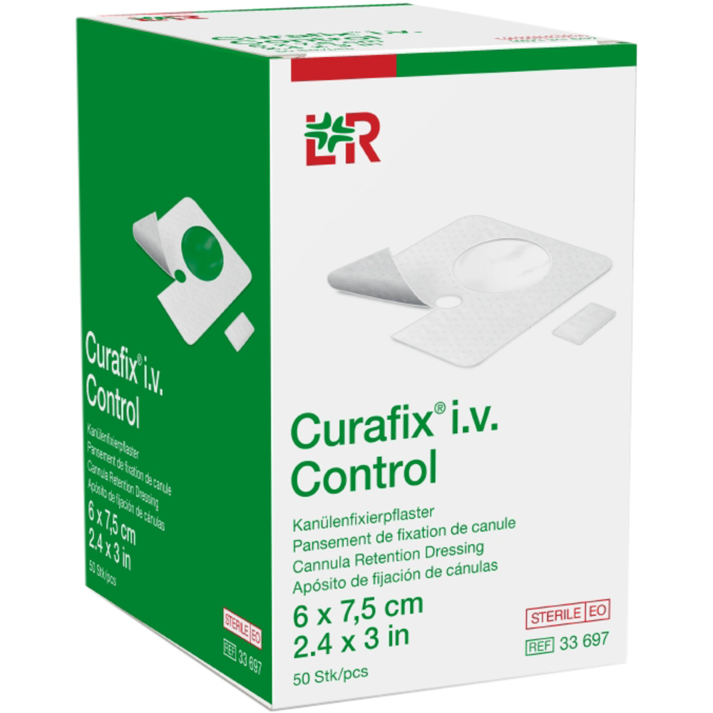 IV-fiksering, Curafix IV Control, 6x7,5cm, hvid, plaster, steril