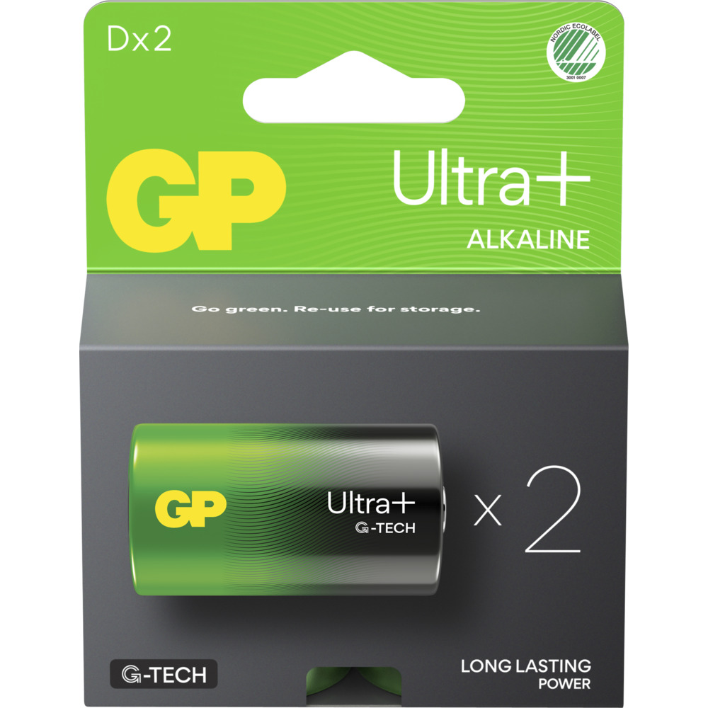 Batteri, GP Ultra Plus, Alkaline, D, 2-pak