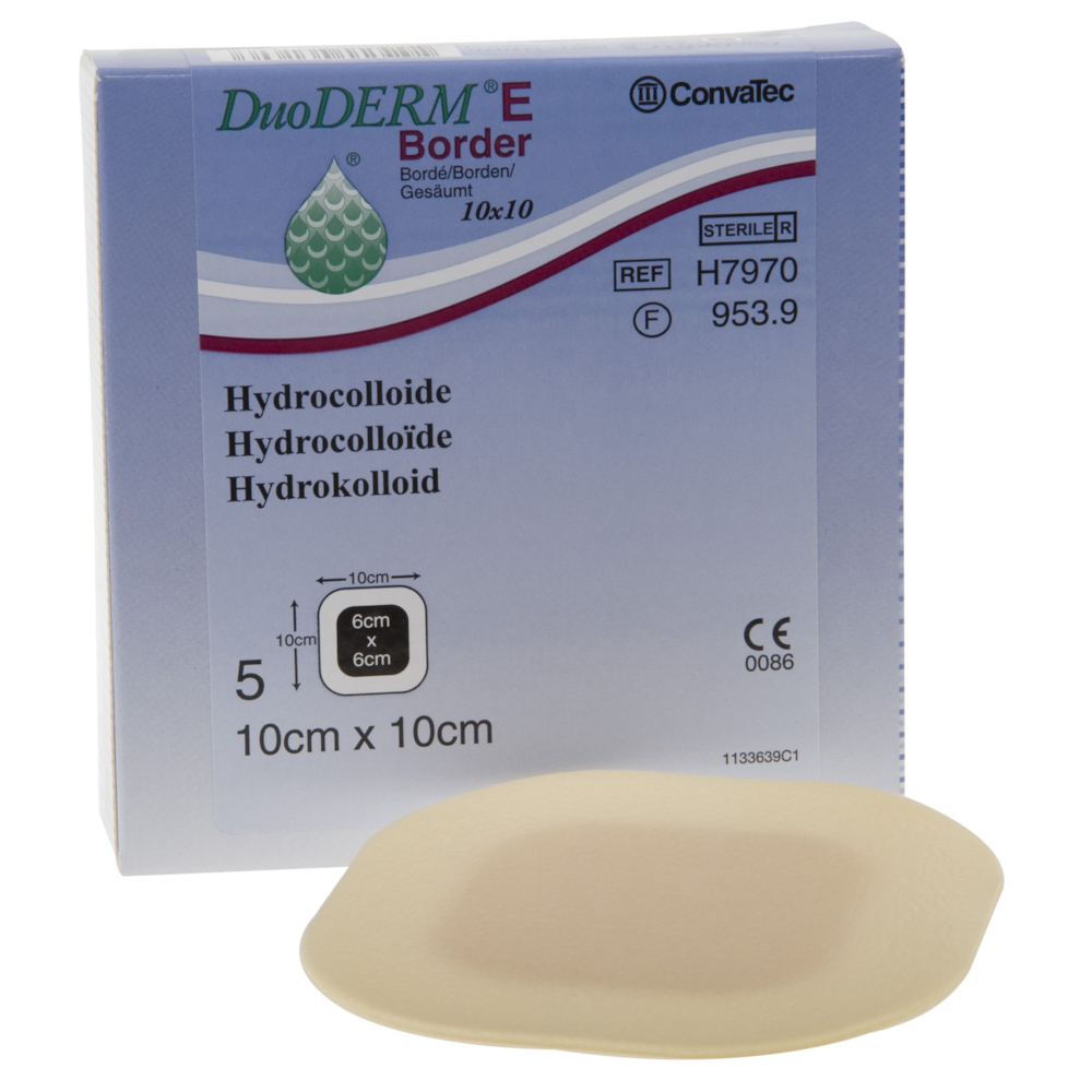 Hydrokolloid bandage, DuoDERM E Border, 10x10cm, med hæftekant, latexfri, steril, engangs