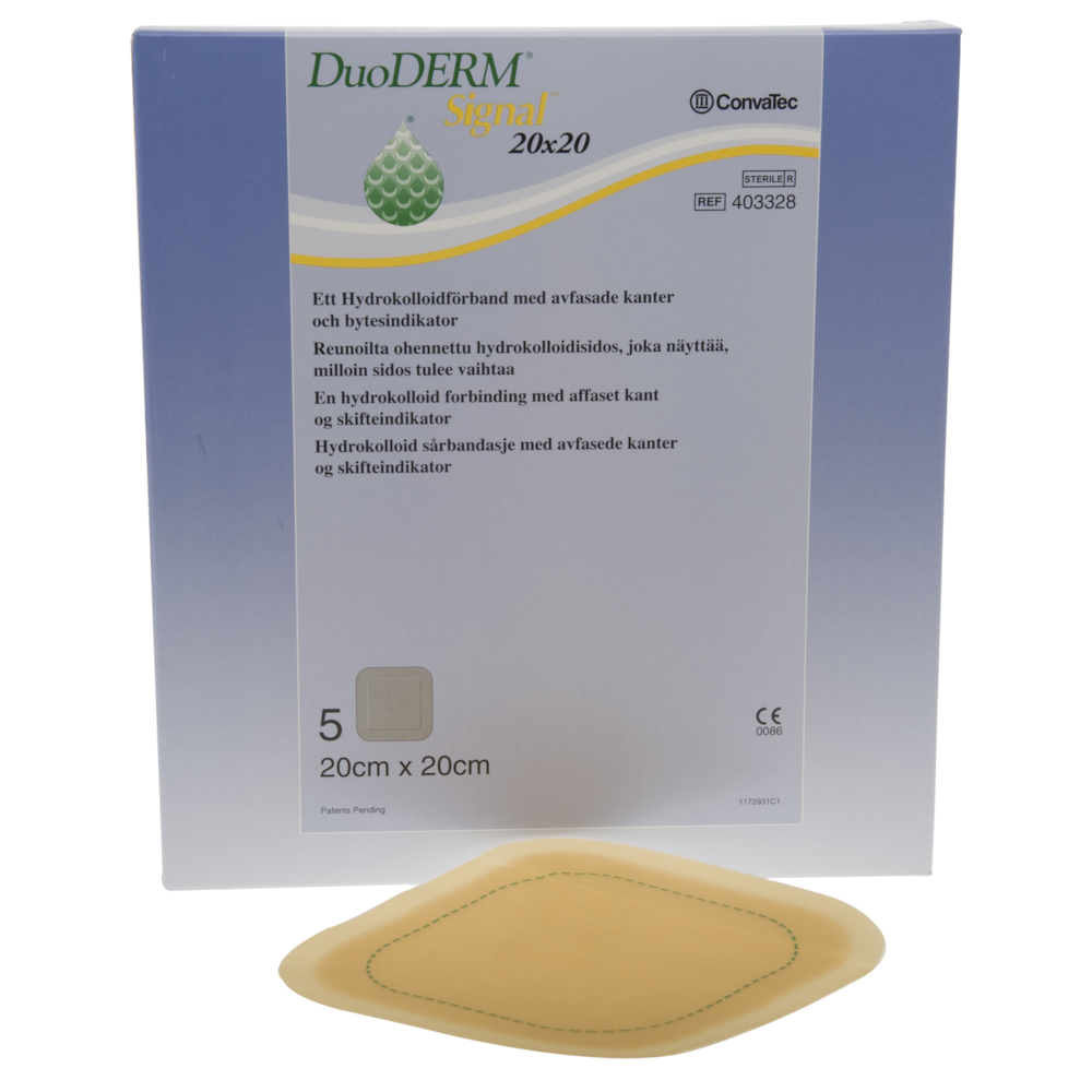 Hydrokolloid bandage, DuoDERM Signal, 20x20cm, m/affaset kant, latexfri, steril, engangs