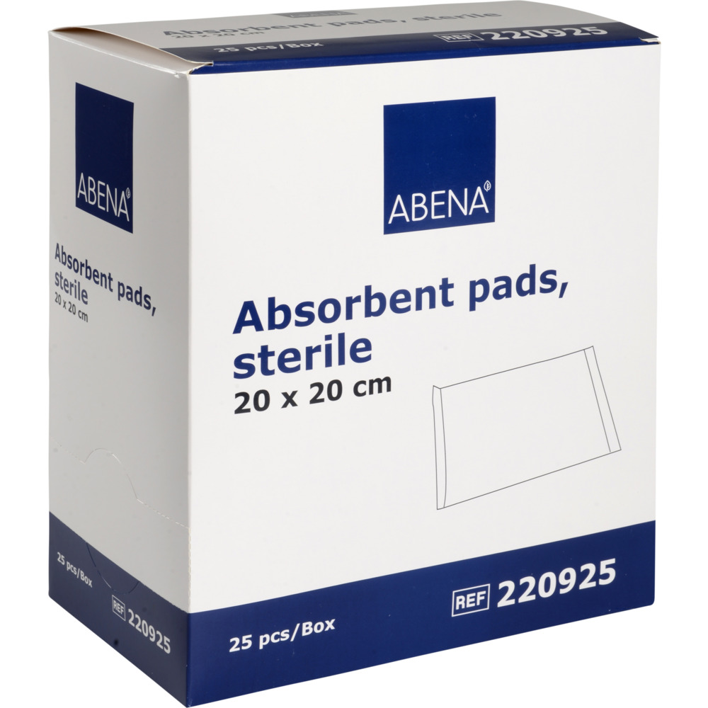 Absorberende bandage, ABENA, 20x20cm, hvid, m/blå bagside, latexfri, steril