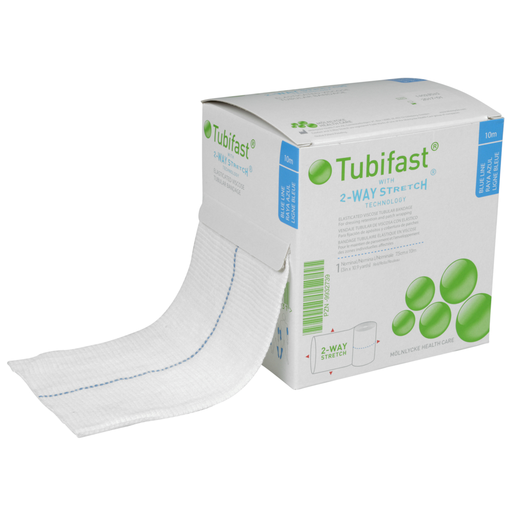 Tubular bandage, Tubifast 2-Way Stretch, 10m x 7,5cm, hvid, blå farvekode, til store arme og ben, latexfri, usteril 
