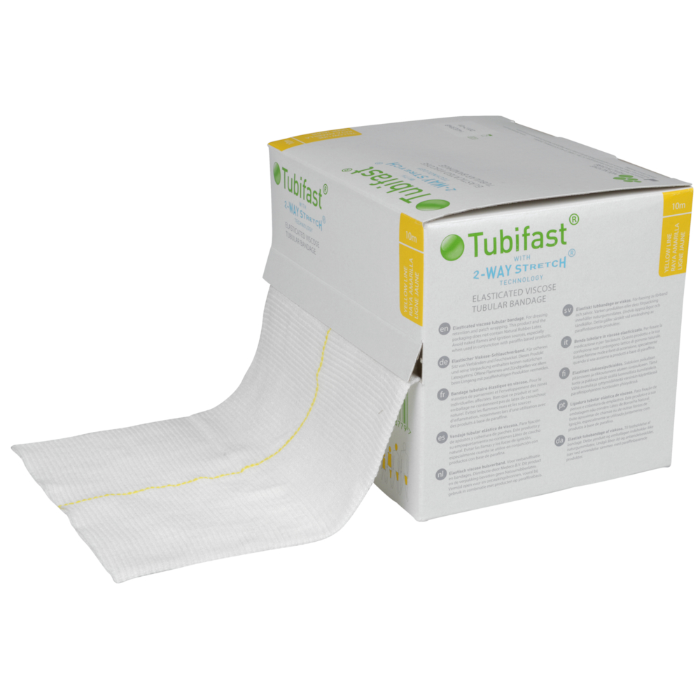Tubular bandage, Tubifast 2-Way Stretch, 10m x 10,75cm, hvid, gul farvekode, til hoved, helkrop til børn, latexfri, usteril 