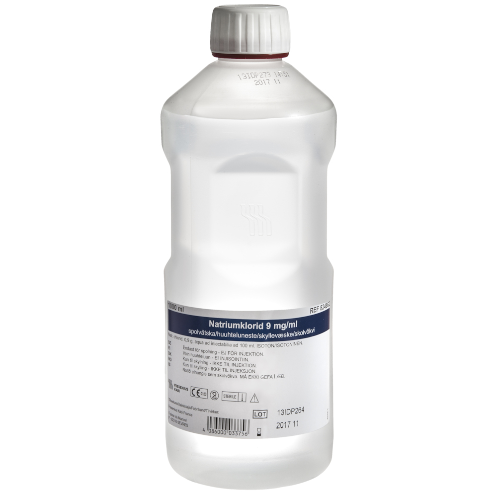 Skyllevæske, 1000 ml, NaCl 0,9%, isotonisk, steril
