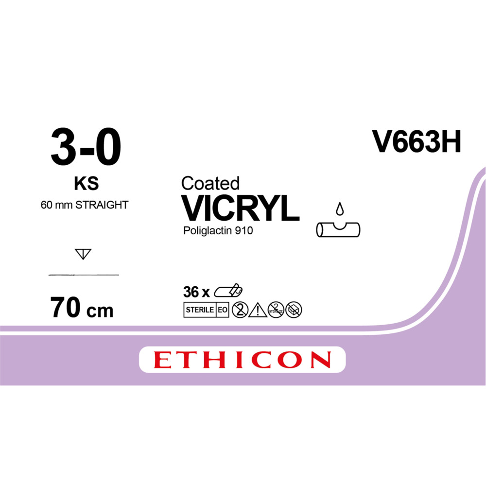 Sutur, Vicryl, 70cm, 3-0, lige nål, KS 60 mm, ufarvet, multifil resorberbar sutur, V663H