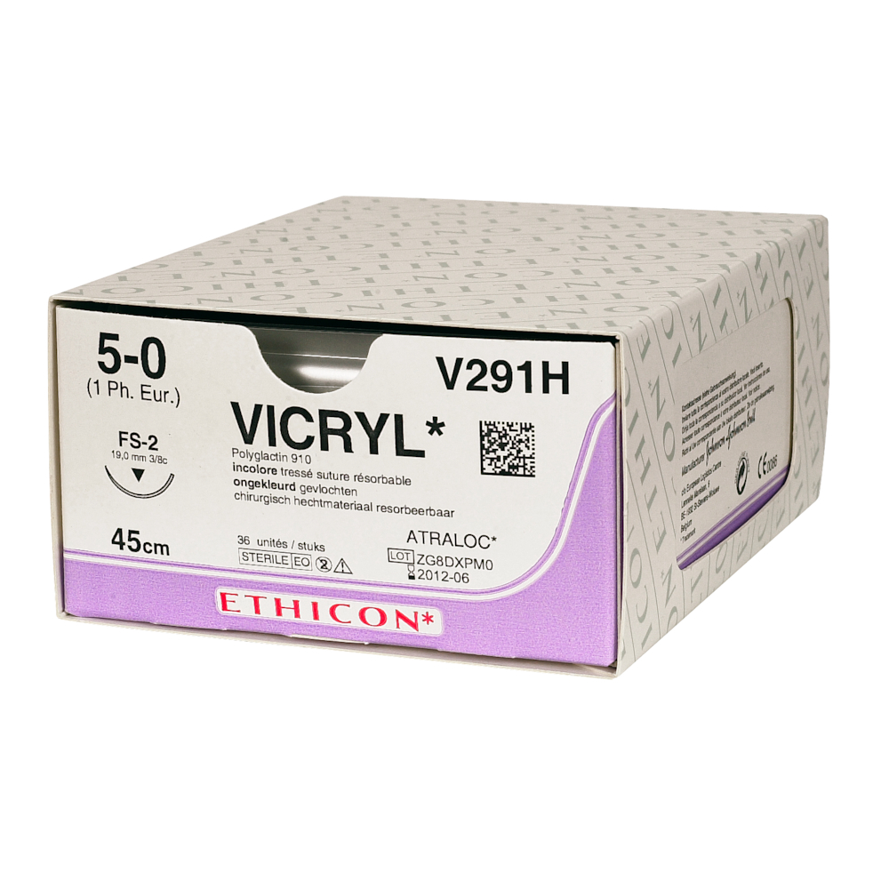 Sutur, Vicryl, 45cm, violet, 5-0, FS-3 nål, ufarvet, multifil resorberbar, V291H