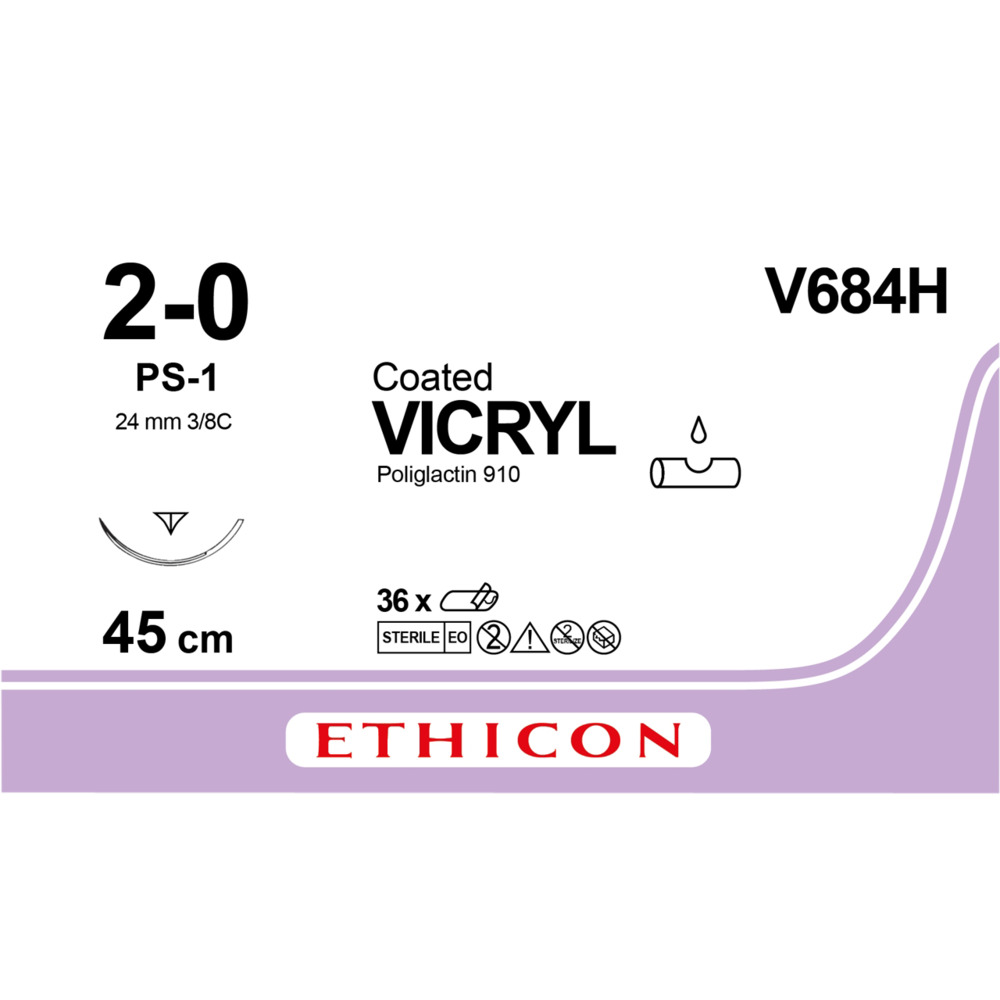 Sutur, Vicryl, 45cm, 2-0, PS-1 nål, ufarvet, multifil resorberbar sutur, V684H