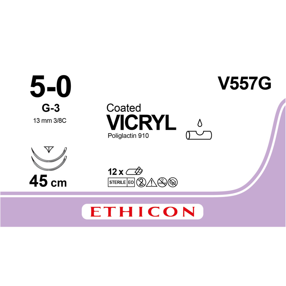 Sutur, Vicryl, 45cm, violet, 5-0, dobbel G-3 nål, multifil (flettet) resorberbar sutur (Polyglactin 910)