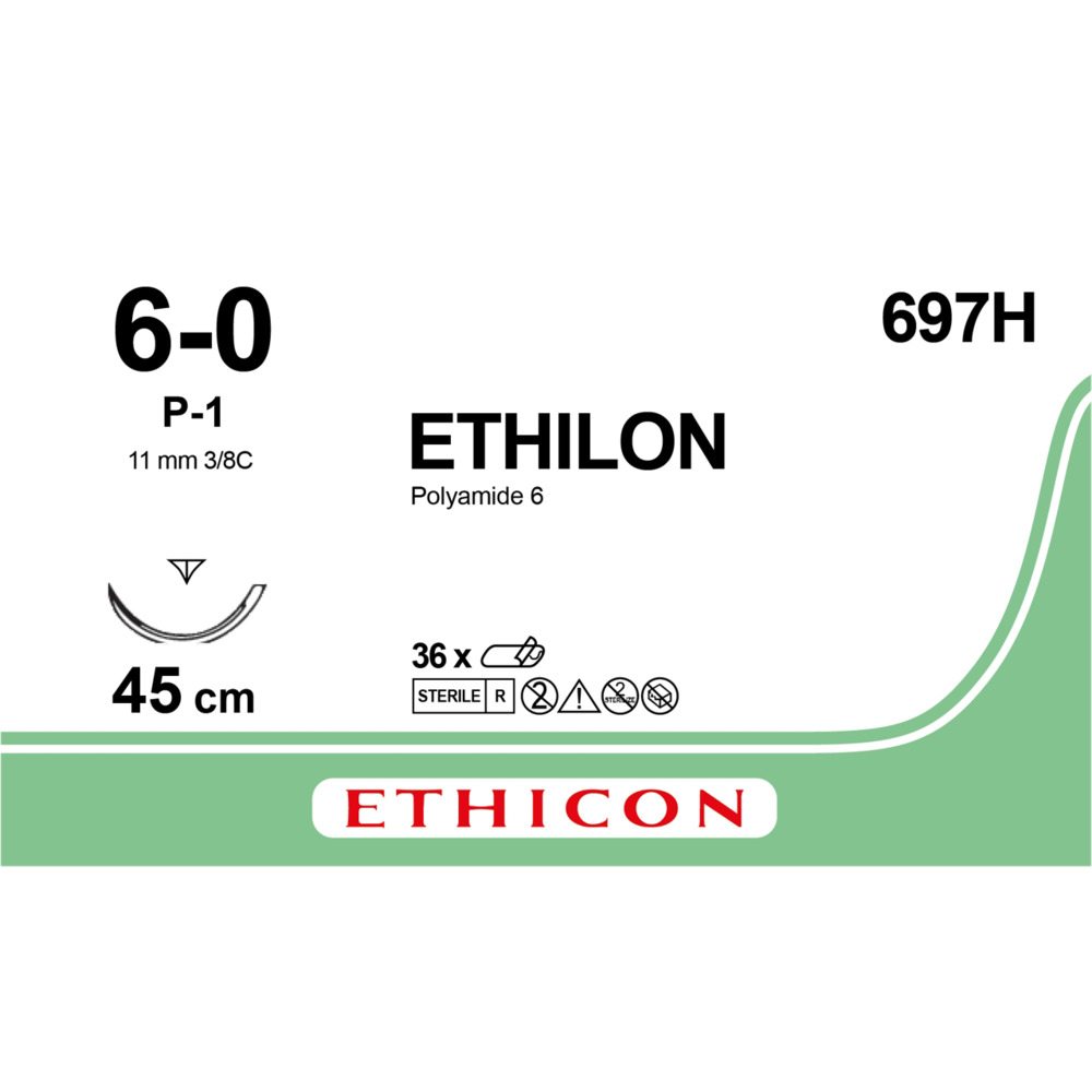 Sutur, Ethilon II, 45cm, sort, PA, 6-0, p-1 nål, monofil, 697H