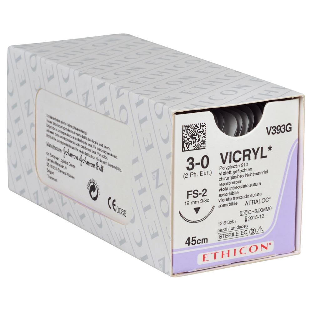Sutur, Vicryl, 45cm, violet, 3-0, FS-2 nål, multifil resorberbar, V393G
