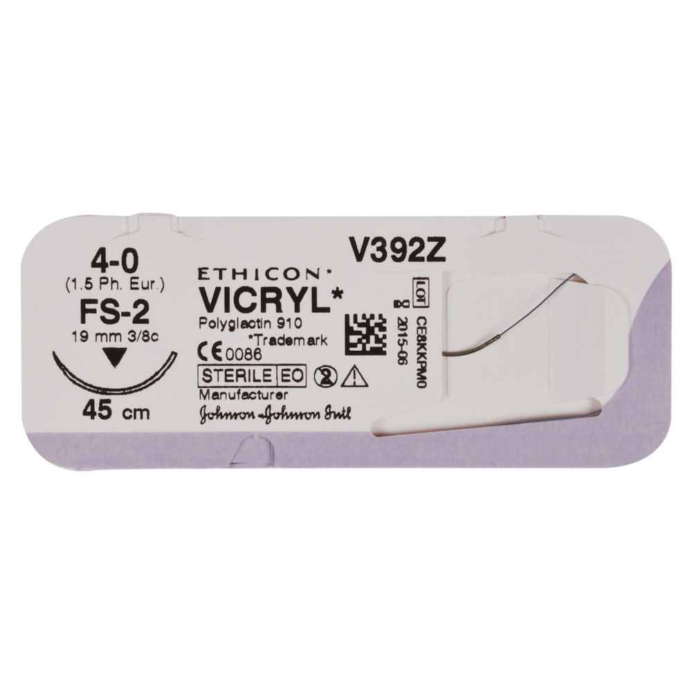 Sutur, Vicryl, 45cm, lilla, 4-0, FS-2 nål, Violet, multifil, resorberbar, V393ZG