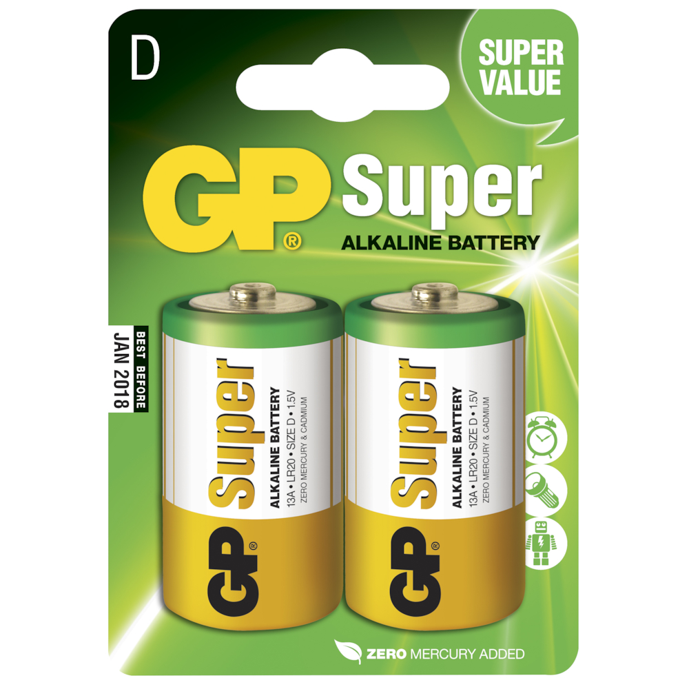 Batteri, GP, Alkaline, D, 1,5V, 2 stk.