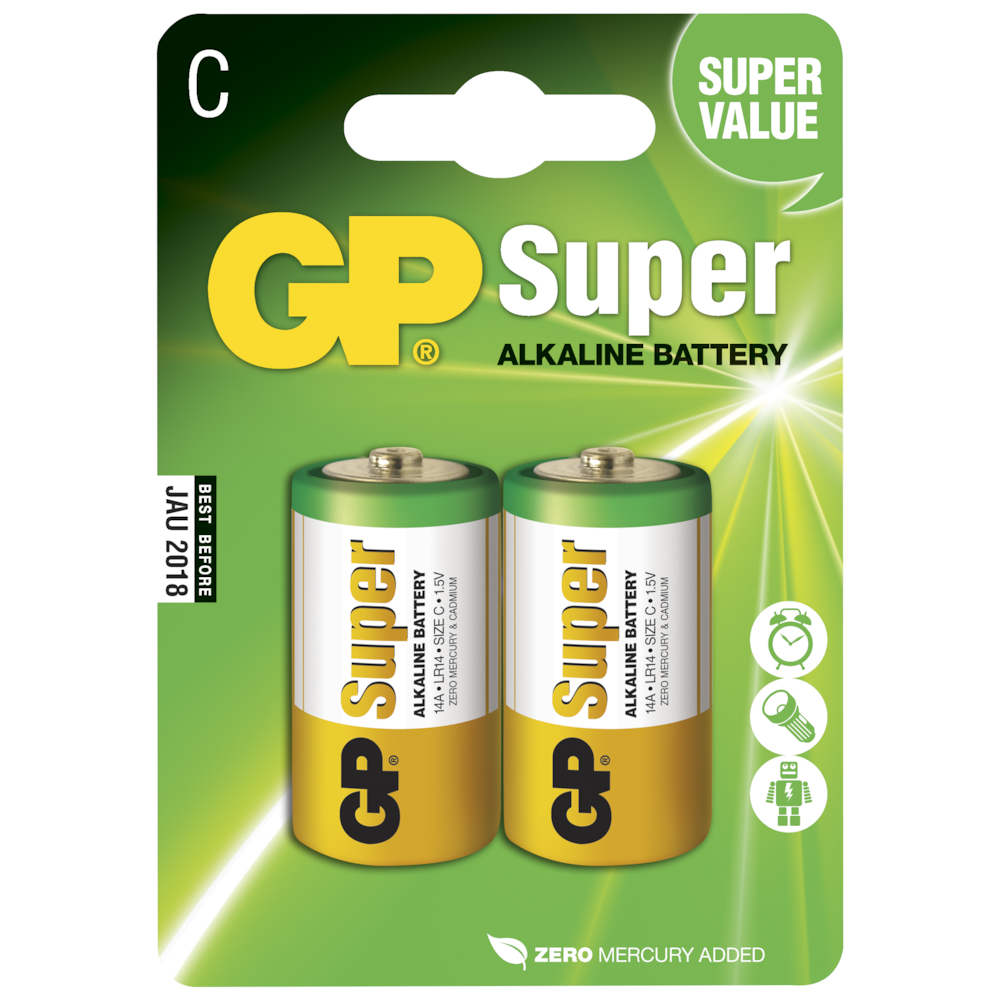Batteri, GP, Alkaline, C, 1,5V, 2 stk.