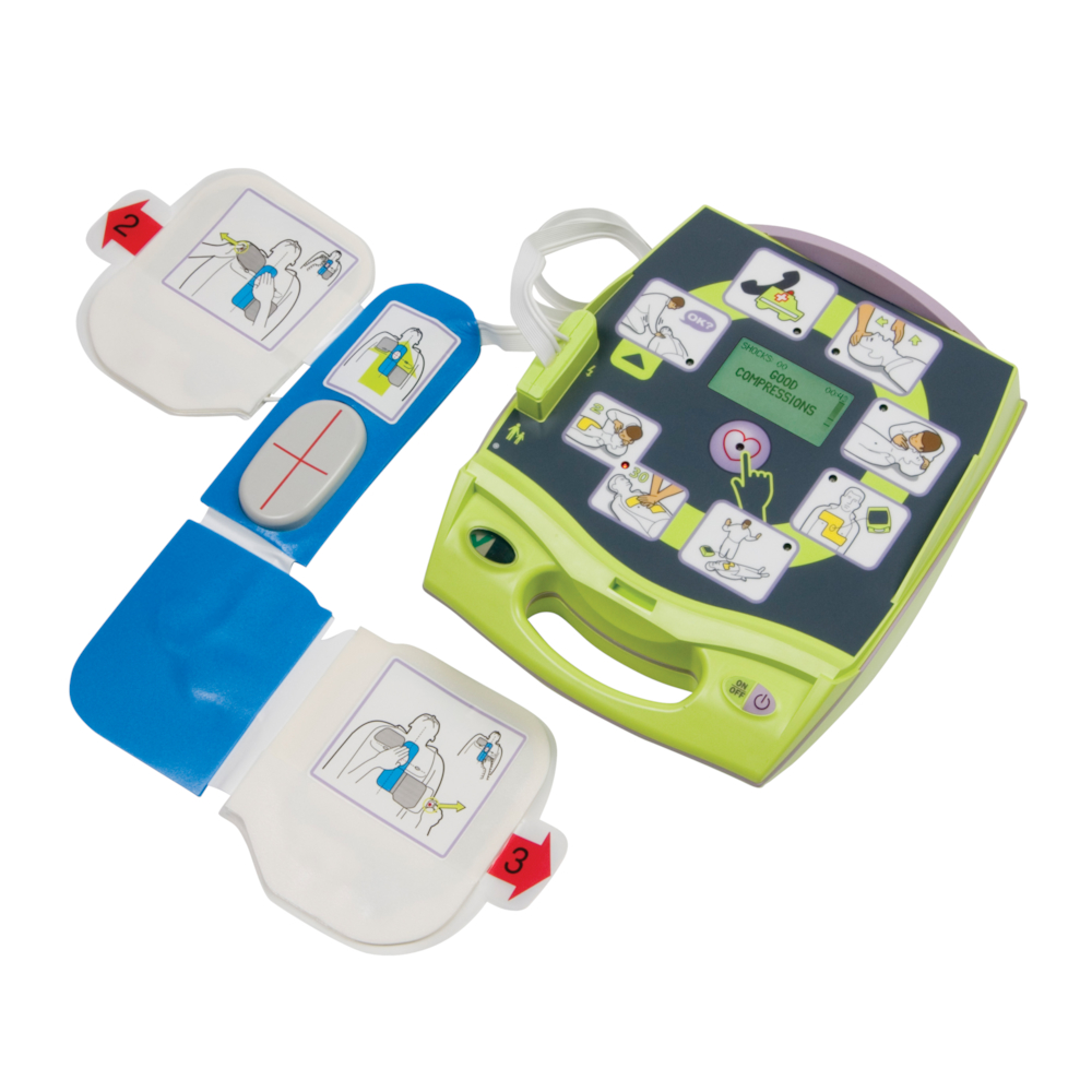 Hjertestarter, Zoll AED Plus, 12,7x23,6x24,7cm, grøn, inkl. 1 sæt CPR-D elektroder, vægbeslag og batterisæt, dansk tale