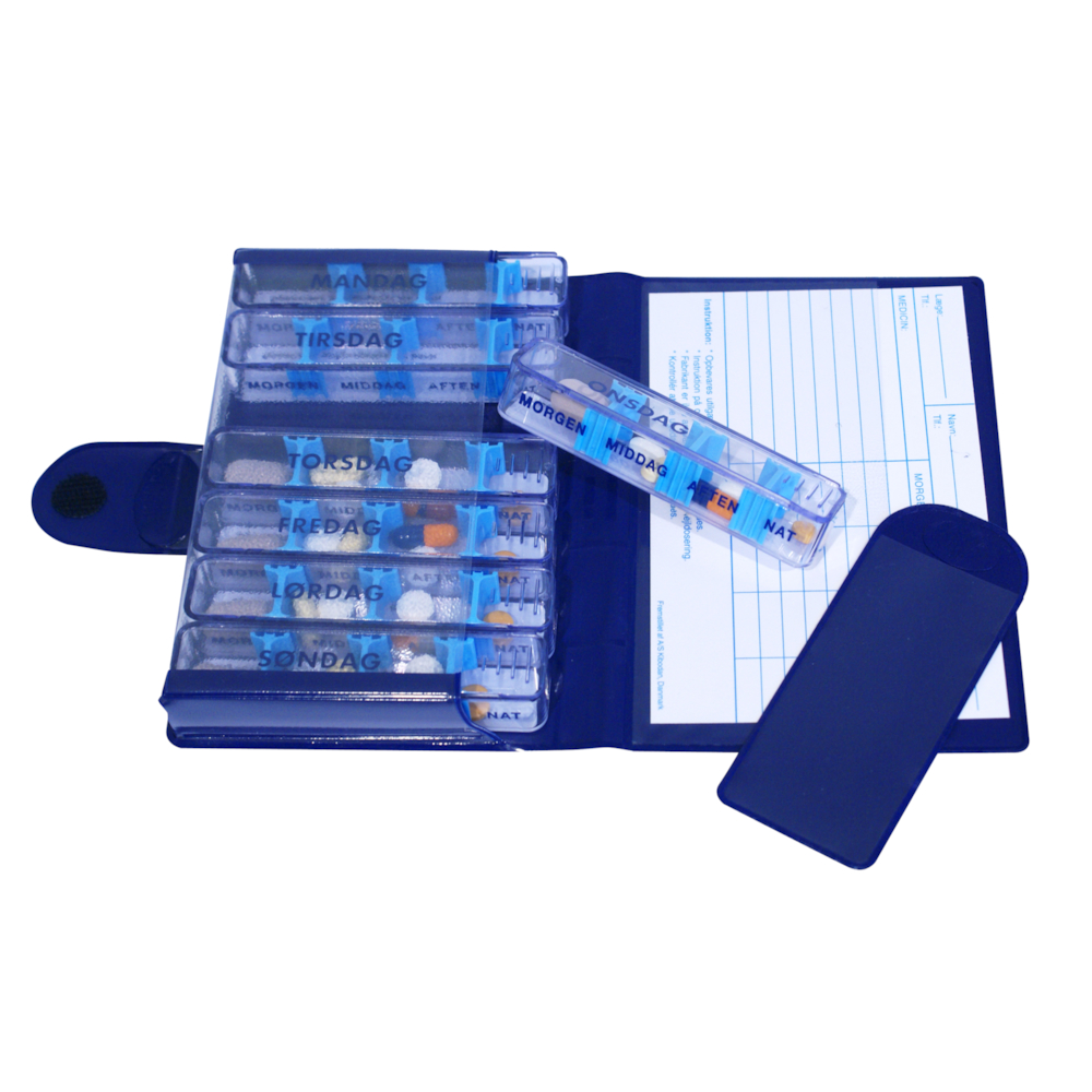 Doseringsæske, Medidos, 9,5x2x1,8cm, transparent, nr. 1, blåt omslag, til 7 dage