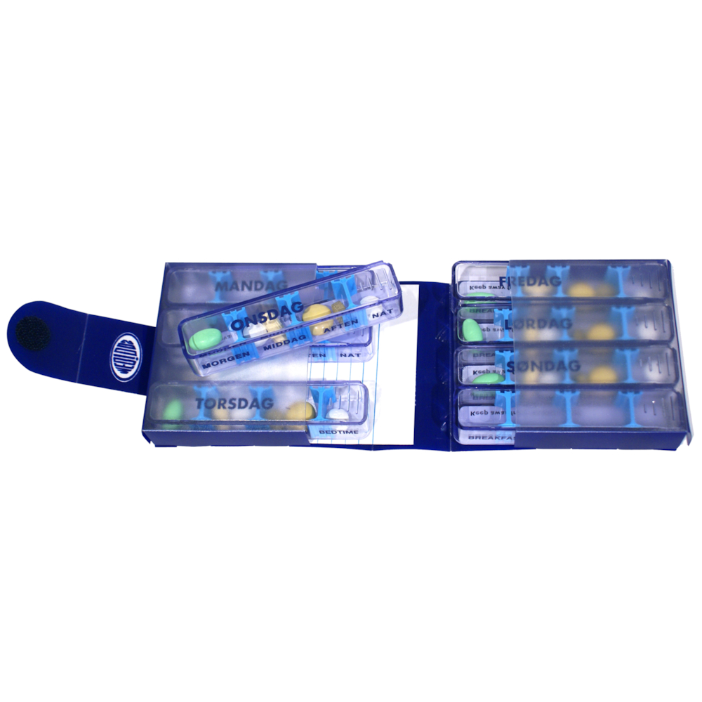 Doseringsæske, Medidos, 9,5x2x1,8cm, transparent, nr. 8, blåt omslag, til 8 dage