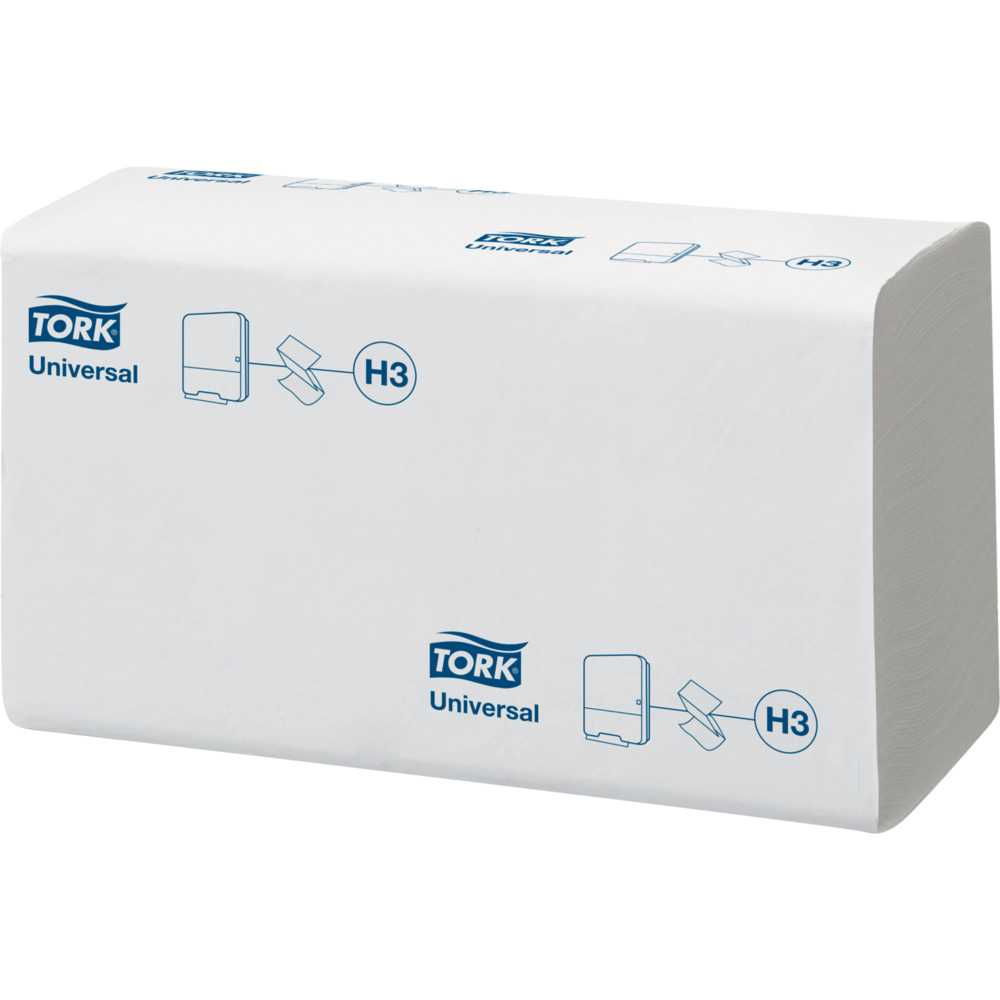 Håndklædeark, Tork H3 Universal, 1-lags, V-fold, 23x23cm, 11,5 cm, hvid, 100% genbrugspapir